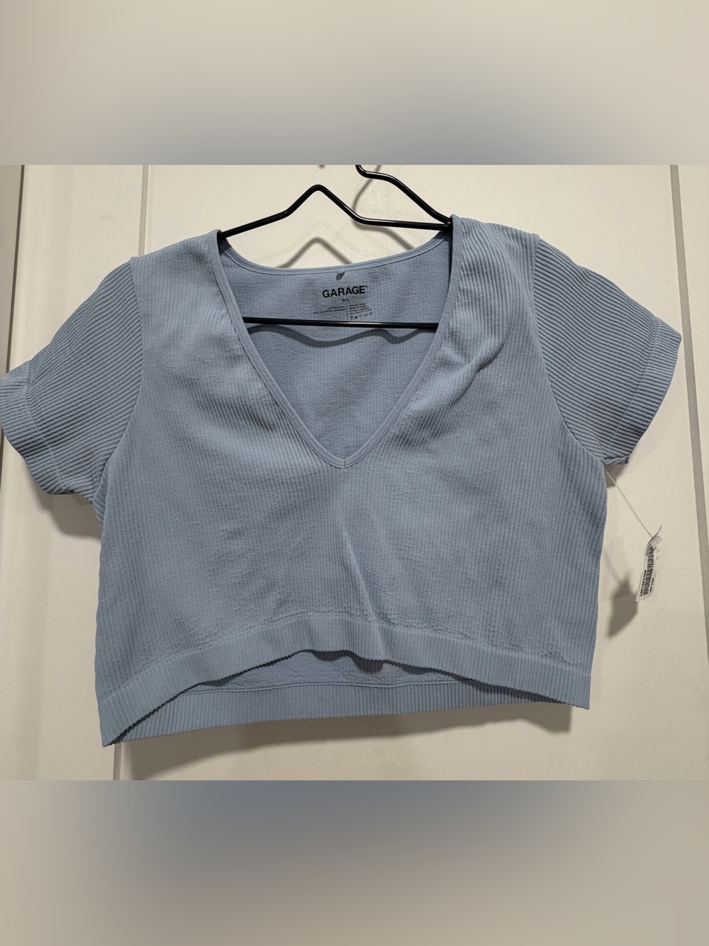 GARAGE Pale Blue Ribbed V-Neck Cropped Tee